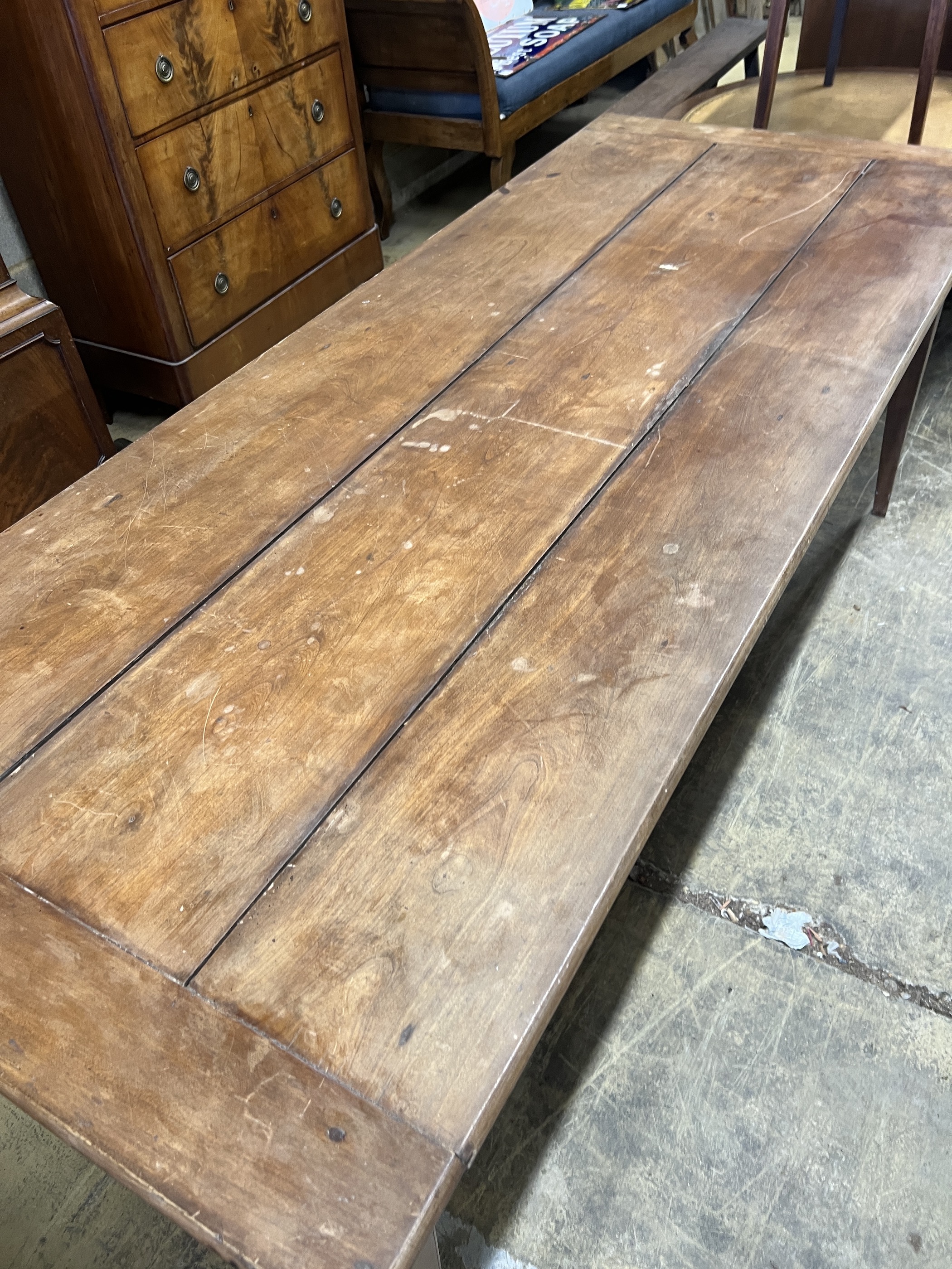 A 19th century French cherry three drawer kitchen table, length 200cm, width 81cm, height 76cm